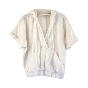Maeve Anthropologie White Short Sleeves V-Neck Hoodie Sweatshirt XXS 41086